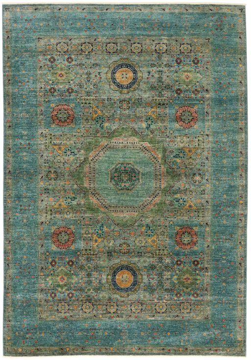 Full view of New Mamluk rug from Pakistan, 275 × 191 cm in Multi Color tones