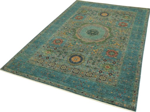 Corner detail of New Mamluk rug showing border pattern and Wool pile