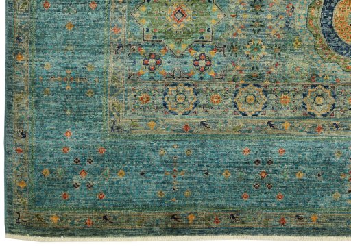 Full view of New Mamluk rug from Pakistan, 275 × 191 cm in Multi Color tones