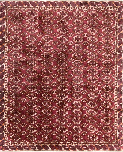Full view of 1950s Samarkand rug from Uzbekistan, 544 × 460 cm in Dark red tones