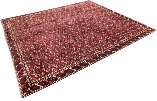 Corner detail of 1950s Samarkand rug showing border pattern and Wool pile