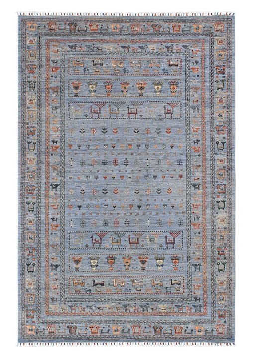 Full view of New Samarkand rug from Pakistan, 267 × 176 cm in Blue tones