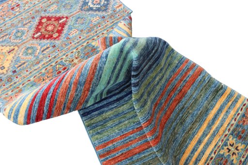 Backside of handmade New Samarkand rug showing knot structure and weave density