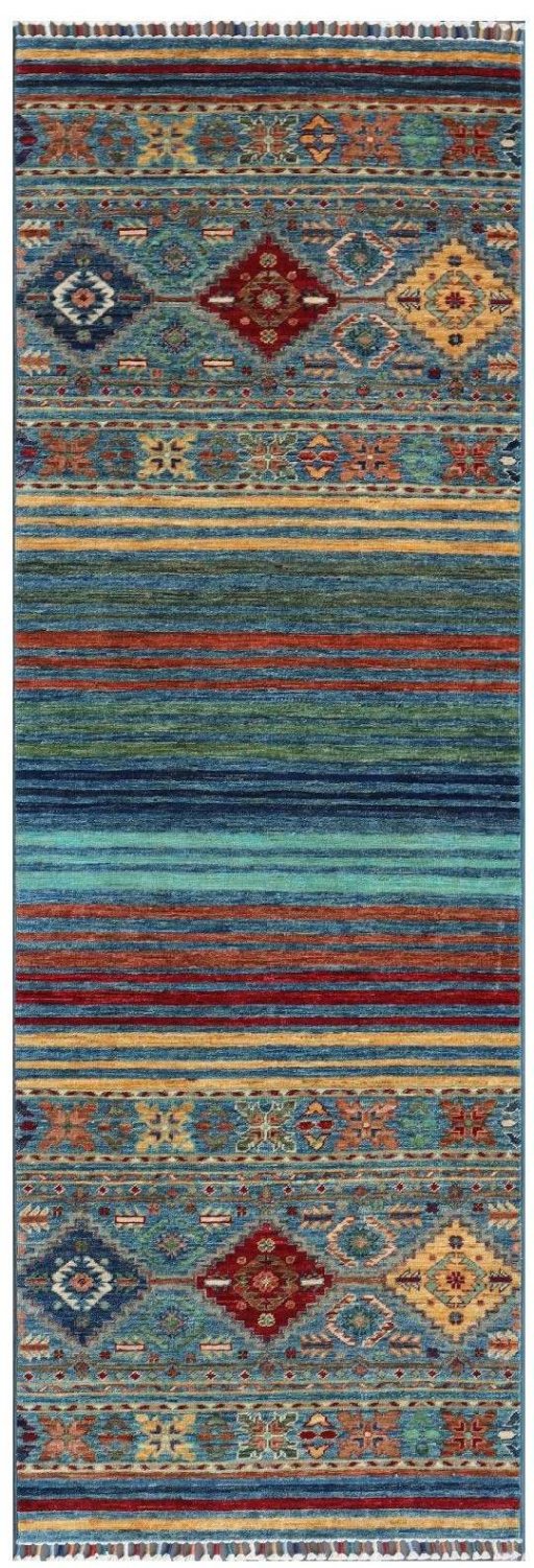 Full view of New Samarkand rug from Pakistan, 252 × 84 cm in Multi Color tones