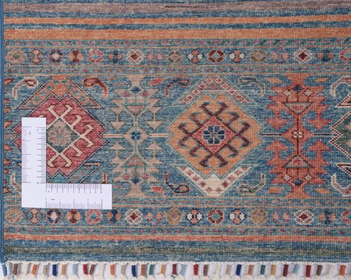 Corner detail of New Samarkand rug showing border pattern and Wool pile