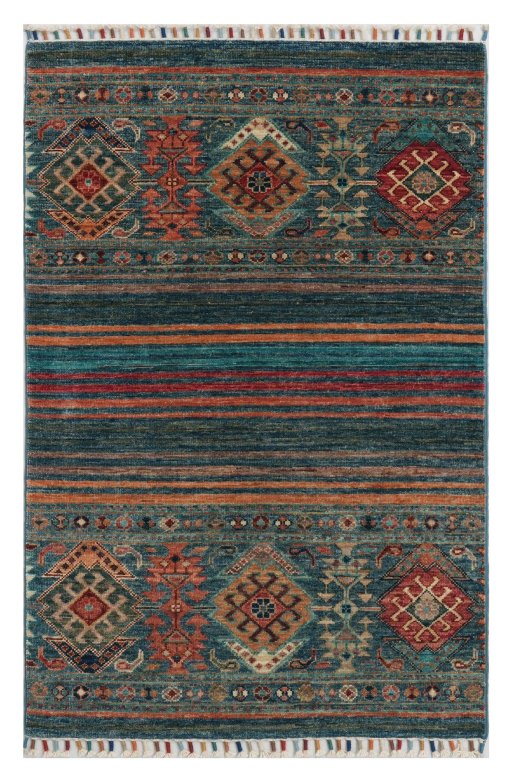 Full view of New Samarkand rug from Pakistan, 121 × 80 cm in Multi Color tones