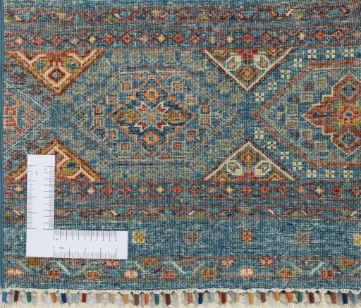 Corner detail of New Samarkand rug showing border pattern and Wool pile