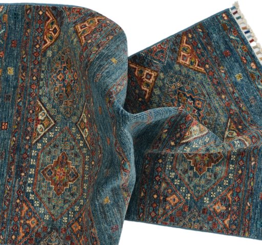 Full view of New Samarkand rug from Pakistan, 125 × 79 cm in Blue tones