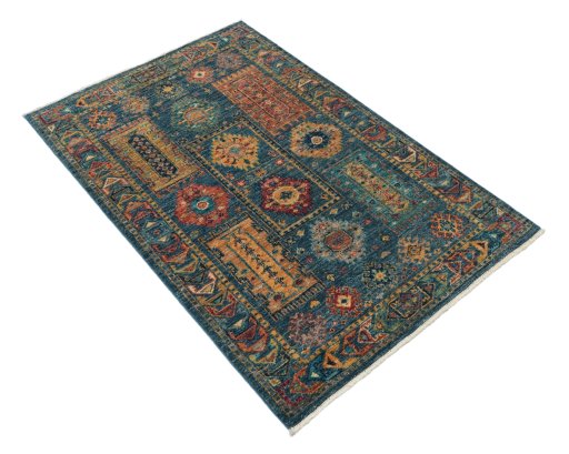 Corner detail of New Samarkand rug showing border pattern and Wool pile