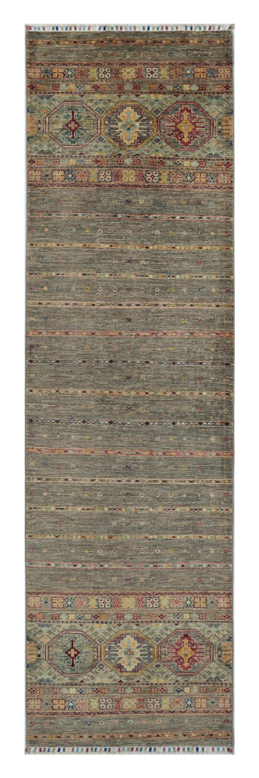 Full view of New Samarkand rug from Pakistan, 293 × 80 cm in Gray tones