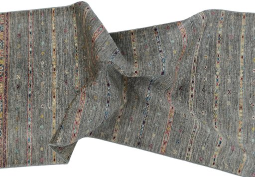 Full view of New Samarkand rug from Pakistan, 293 × 80 cm in Gray tones