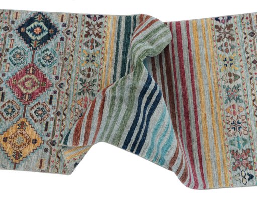 Full view of New Samarkand rug from Pakistan, 252 × 79 cm in Gray tones