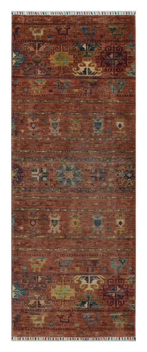 Full view of New Samarkand rug from Pakistan, 238 × 86 cm in Yellow tones