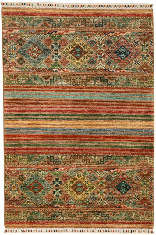 Full view of New Samarkand rug from Pakistan, 148 × 102 cm in Multi Color tones