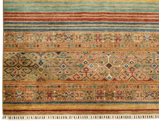 Full view of New Samarkand rug from Pakistan, 236 × 170 cm in Multi Color tones