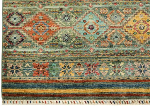 Full view of New Samarkand rug from Pakistan, 231 × 168 cm in Multi Color tones