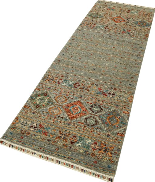 Corner detail of New Samarkand rug showing border pattern and Wool pile