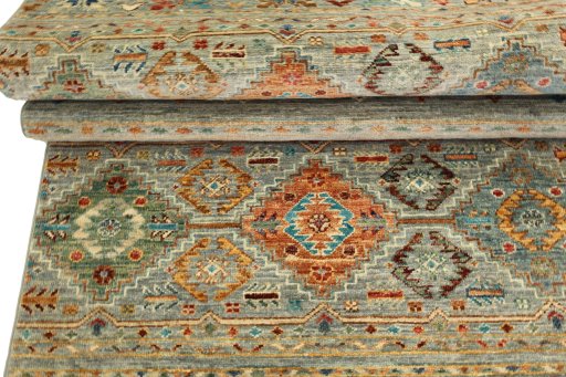 Full view of New Samarkand rug from Pakistan, 246 × 84 cm in Gray tones
