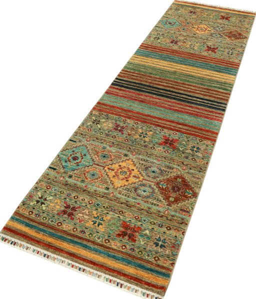 Corner detail of New Samarkand rug showing border pattern and Wool pile