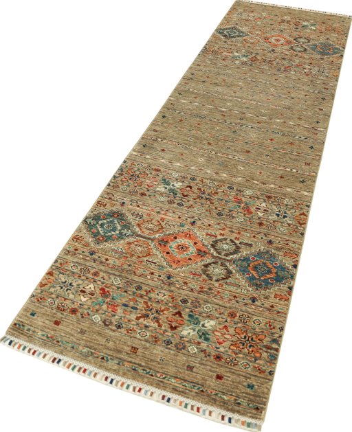 Corner detail of New Samarkand rug showing border pattern and Wool pile
