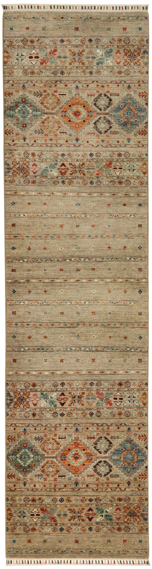Full view of New Samarkand rug from Pakistan, 300 × 79 cm in Gray tones