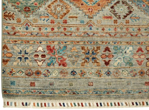 Full view of New Samarkand rug from Pakistan, 244 × 79 cm in Gray tones