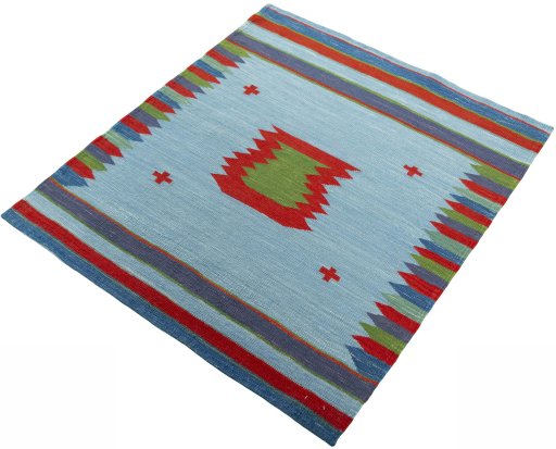 Corner detail of New Kilim Sofre rug showing border pattern and Wool pile
