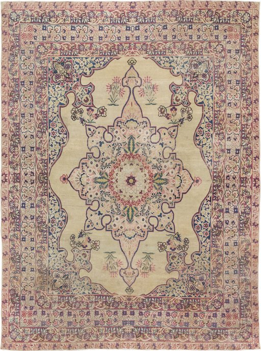 Full view of 1880s Antique Carpets rug from Iran / Persia, 370 × 275 cm in Beige tones