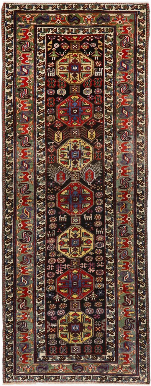 Full view of 1900s Antique Carpets rug from Iran / Persia, 297 × 110 cm in Black tones