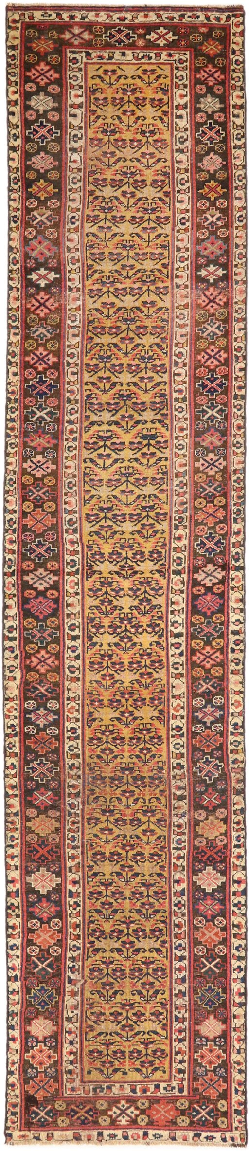 Full view of 1880s Antique Carpets rug from Iran / Persia, 443 × 90 cm in Yellow tones