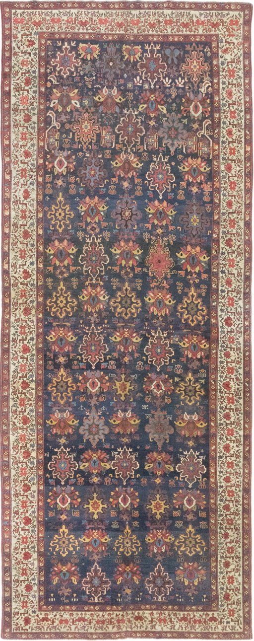 Full view of 1870s Antique Carpets rug from Iran / Persia, 575 × 222 cm in Dark blue tones