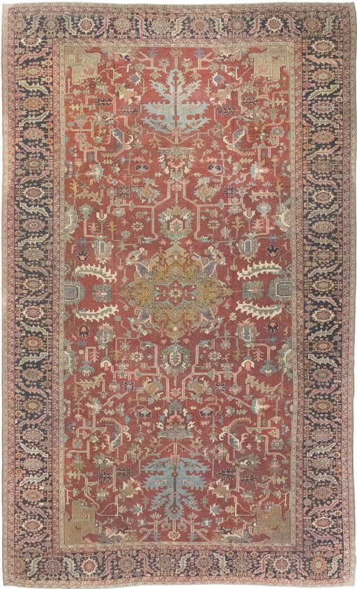 Full view of 1900s Antique Carpets rug from Iran / Persia, 636 × 400 cm in Dark red tones