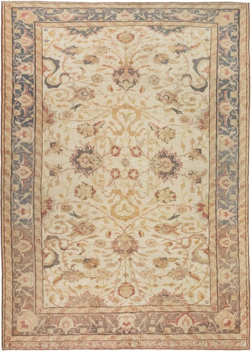 Full view of 1920s Antique Carpets rug from Turkey, 289 × 206 cm in Cream tones