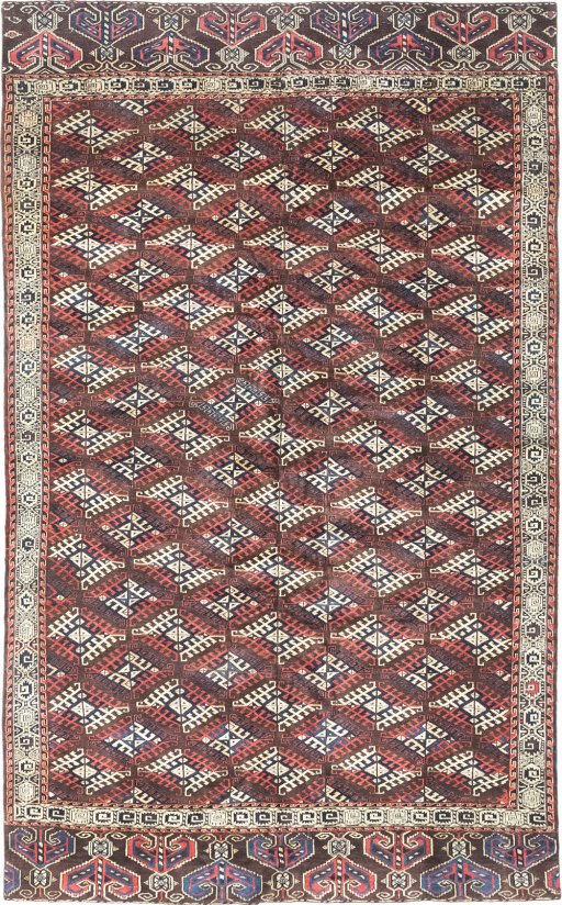 Full view of 1880s Antique Carpets rug from Uzbekistan, 330 × 202 cm in Brown tones