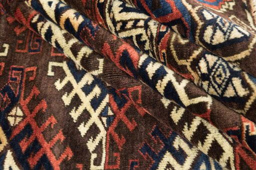 Full view of 1880s Antique Carpets rug from Uzbekistan, 330 × 202 cm in Brown tones