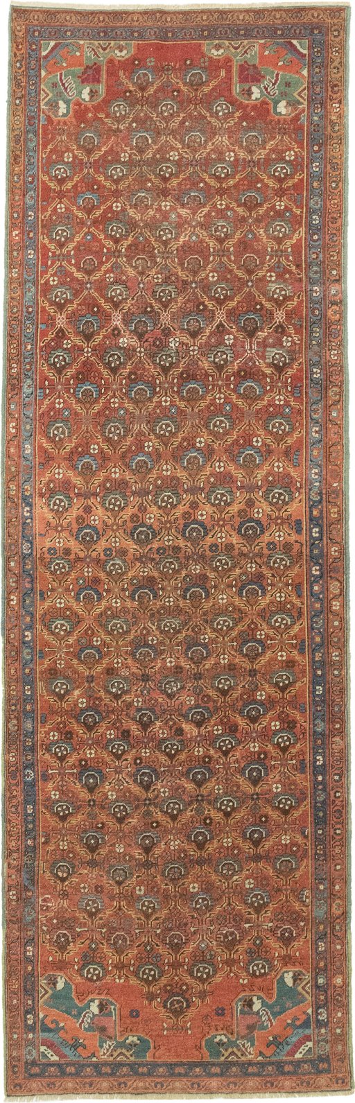 Full view of 1880s Antique Carpets rug from Iran / Persia, 348 × 108 cm in Red tones