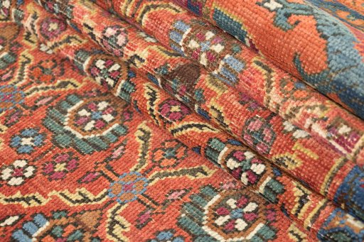 Full view of 1880s Antique Carpets rug from Iran / Persia, 348 × 108 cm in Red tones