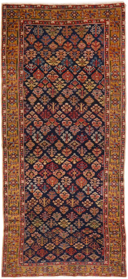 Full view of 1880s Antique Carpets rug from Iran / Persia, 276 × 121 cm in Dark blue tones