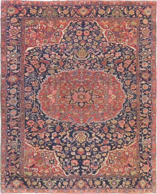 Full view of 1900s Antique Carpets rug from Iran / Persia, 418 × 351 cm in Dark blue tones