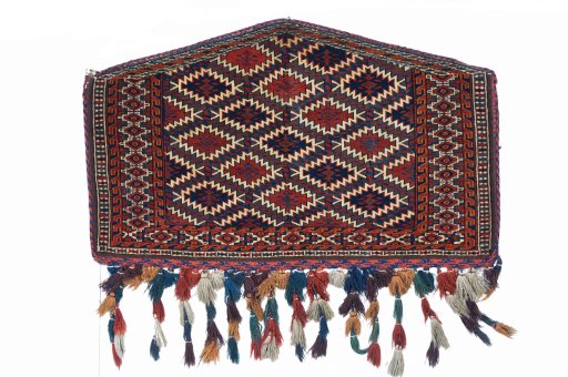 Full view of 1920s Antique Carpets rug from Uzbekistan, 114 × 71 cm in Multi Color tones