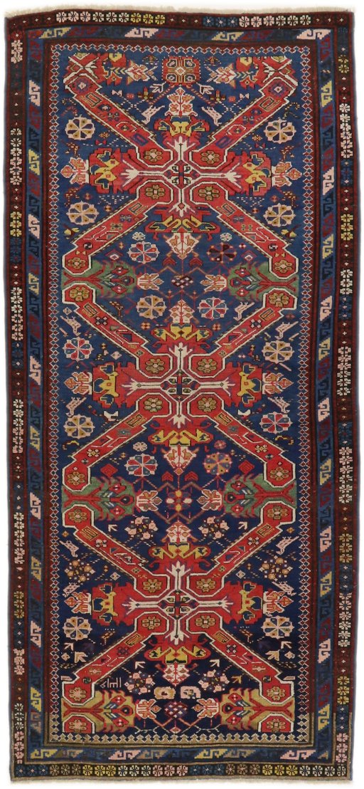 Full view of 1900s Antique Carpets rug from Armenia, 244 × 109 cm in Dark blue tones