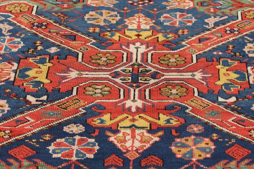 Full view of 1900s Antique Carpets rug from Armenia, 244 × 109 cm in Dark blue tones