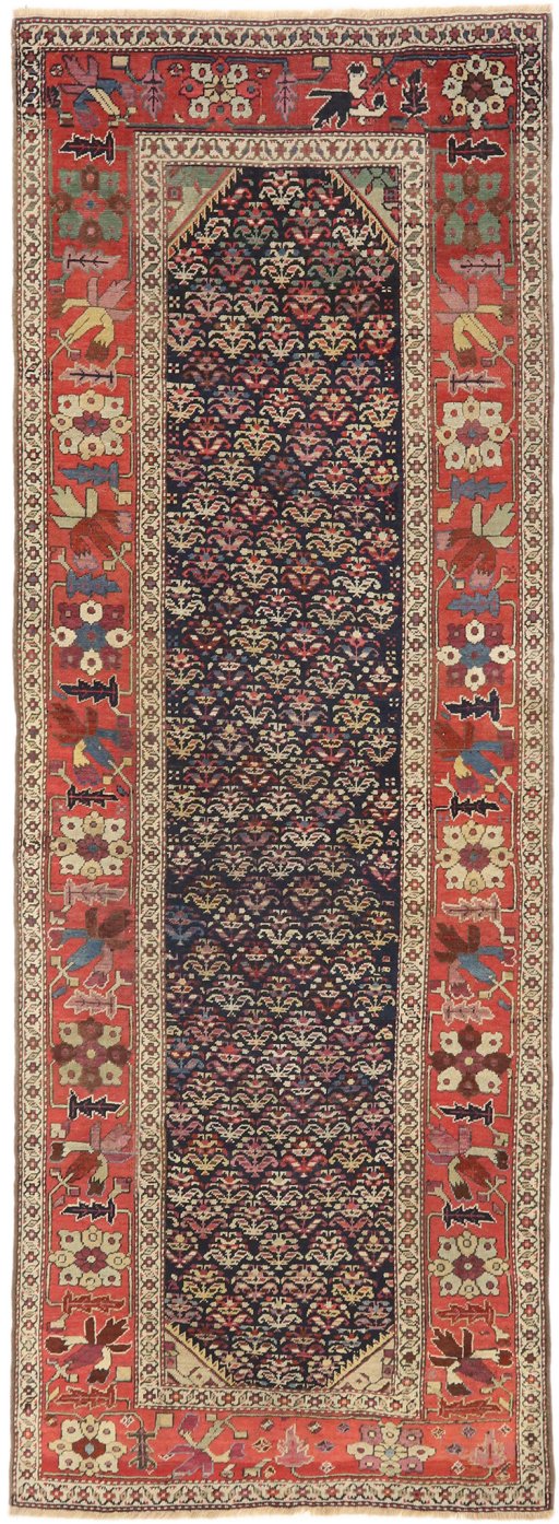 Full view of 1880s Antique Carpets rug from Iran / Persia, 318 × 117 cm in Dark blue tones