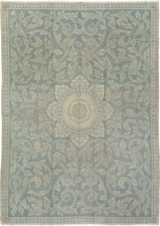 Full view of 1920s Antique Carpets rug from Spain, 376 × 269 cm in Dark blue tones