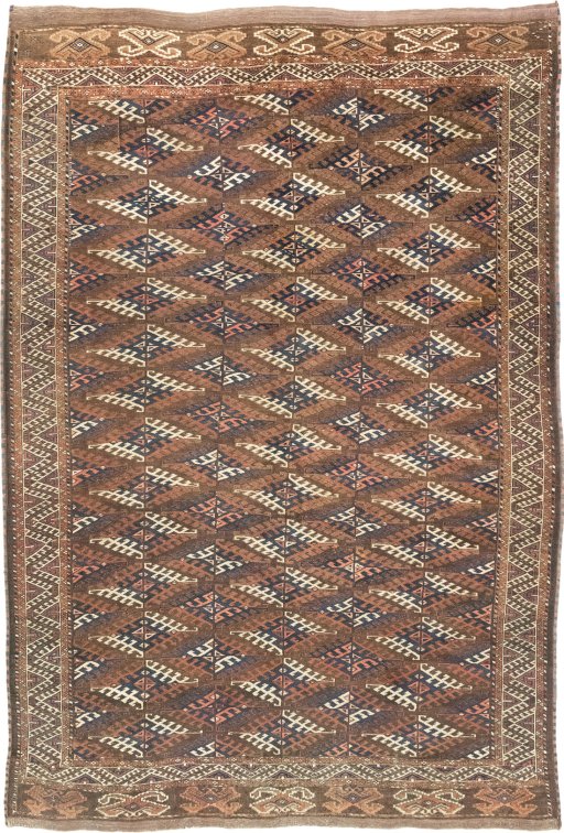 Full view of 1900s Antique Carpets rug from Uzbekistan, 305 × 211 cm in Brown tones