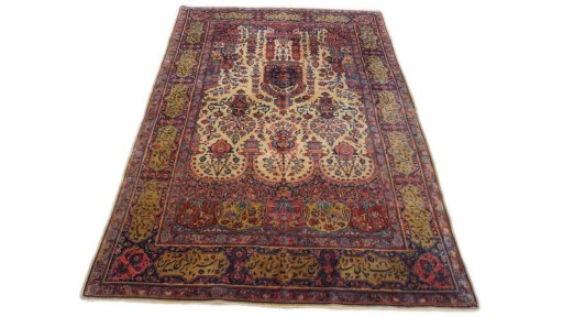Full view of 1920s Antique Carpets rug from Iran / Persia, 195 × 120 cm in Beige tones
