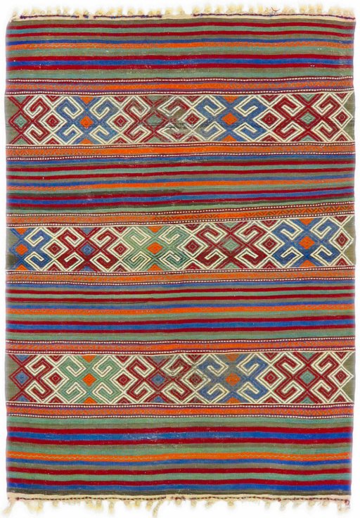 Full view of New Kilim Antique rug from Iran / Persia, 137 × 97 cm in Multi Color tones