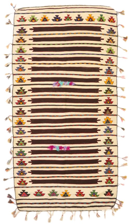 Full view of 1900s Kilim Antique rug from Turkey, 226 × 114 cm in Cream tones
