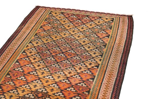 Backside of handmade 1920s Kilim Antique rug showing knot structure and weave density