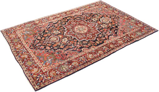 Corner detail of 1950s Semi-antique Carpets rug showing border pattern and Wool pile
